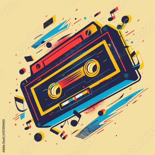 Retro music cassette with abstract elements, flat style icons set.