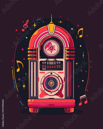 Retro jukebox with musical notes and stars, vibrant music machine flat icons set, vector.