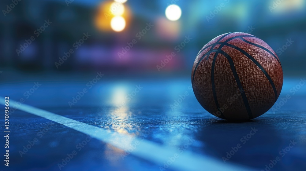 Basketball on Outdoor Court at Night with City Lights in Background Basketball on Outdoor Court at Night with City Lights in Background