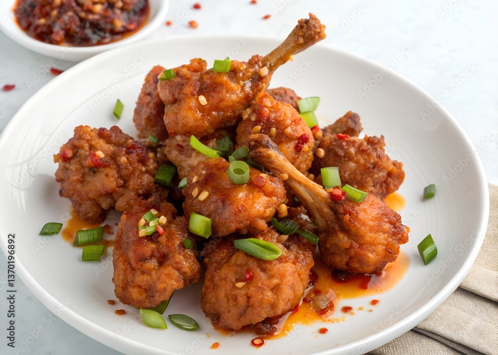 Spicy Szechuan Chicken Lollipops Garnished with Spring Onions in Flavorful Sauce Spicy Szechuan Chicken Lollipops Garnished with Spring Onions in Flavorful Sauce
