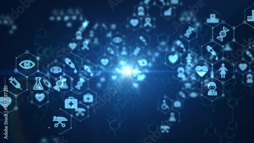 Abstract background 3D rendering video overlay template animation of a chemical bond structure and public health icon simulation. Point of view flying pass through the medical and healthcare icons
