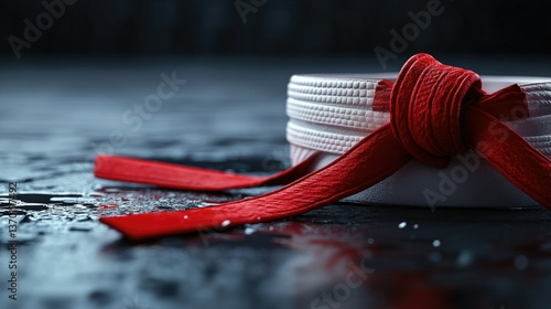 Martial Arts White Belt Tied with a Red Belt for Promotion
