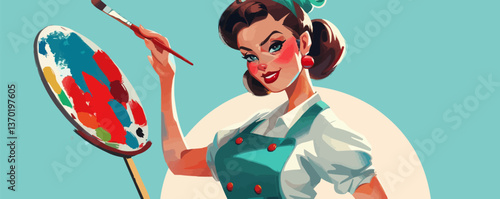 Retro artist with paint palette and brush, woman in apron, art tools, flat icons set, vector.