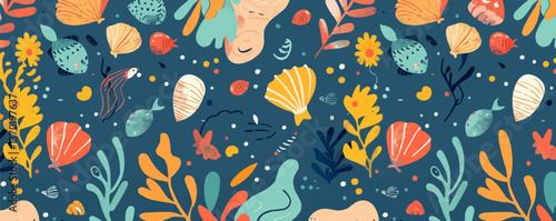Colorful underwater marine life and shells pattern, flat icons set, vector.
