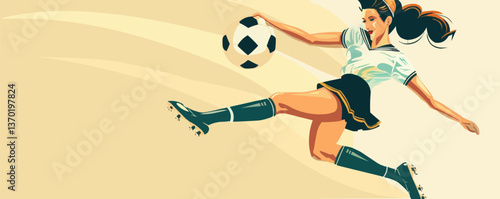 Female soccer player kicking ball in dynamic pose, flat icons set vector.