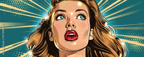Surprised woman pop art style expression with retro comic elements, flat icons set, vector.