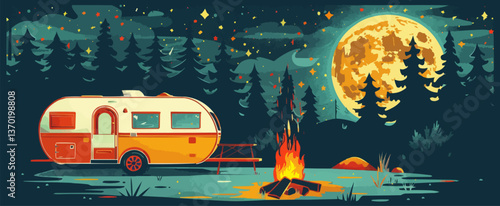 Night camping with caravan and campfire under starry sky and full moon - flat icons set, vector.