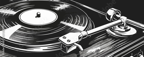 Vintage turntable with vinyl record in action, flat icons set, vector.