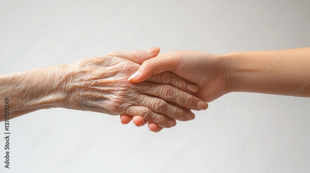 Fototapeta premium Young hands hold old hands,Help for the elderly concept,Holding hands Asian senior or elderly old lady woman patient with love, care, encourage, nurse holding old patient hand concept.