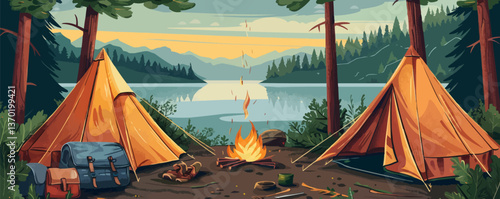 Obraz na płótnie Campground with two tents and bonfire by lake and pines at sunset, outdoor adventure icons set, flat vector. w salonie