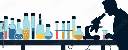 Laboratory equipment and scientist at work flat icons set, vector.