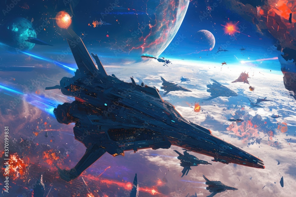 Obraz premium Futuristic spacecraft engage in space battle around a colorful alien planet