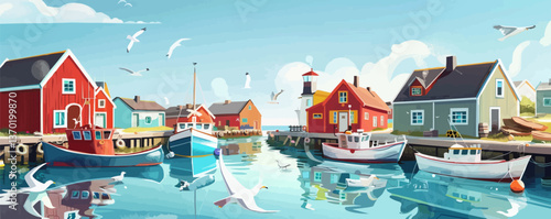 Charming seaside village with boats and lighthouse, coastal scene icons set, flat vector.