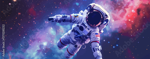 Astronaut floating in colorful space nebula with stars, cosmic background - flat icons set, vector.