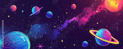 Colorful outer space design with planets and stars on dark background, flat icons set, vector.
