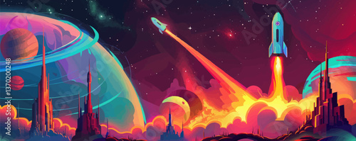 Space exploration journey with rockets and planets, flat icons set, vector style.