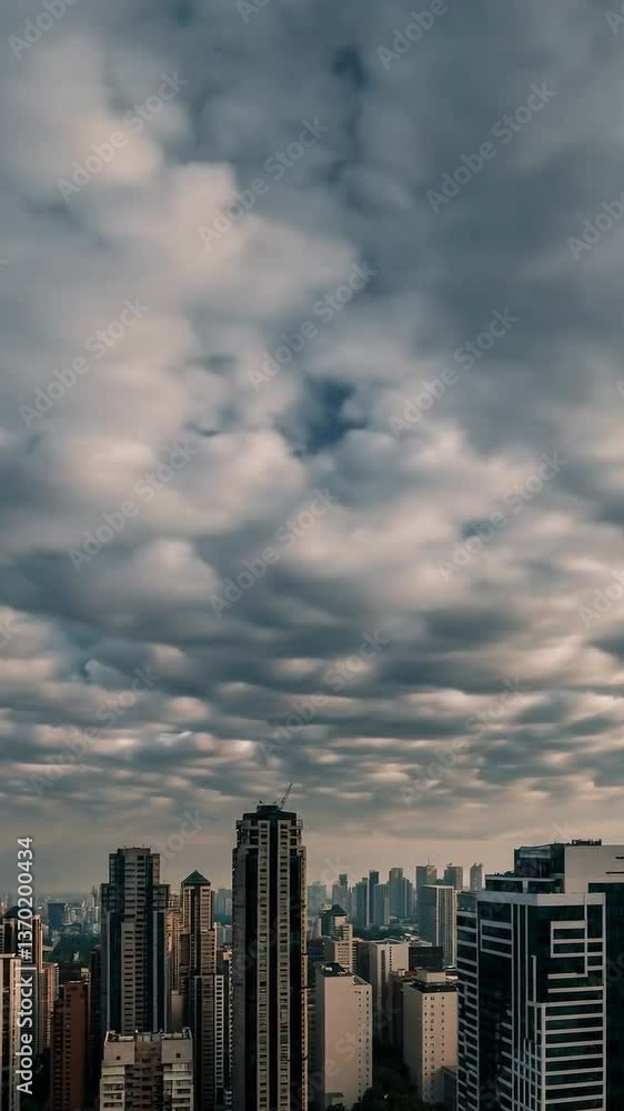 Dramatic cloudscape over urban skyline: timelapse of cloud movement across city Dramatic cloudscape over urban skyline: timelapse of cloud movement across city