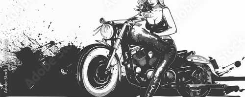 Woman on motorcycle with splatter background, black and white flat icons set vector.