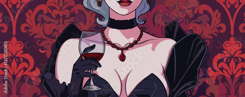 Elegant woman with wine glass and necklace in baroque setting, flat icons set, vector.