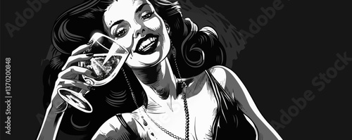 Elegant woman with cocktail in hand, retro style, flat icons set, vector.