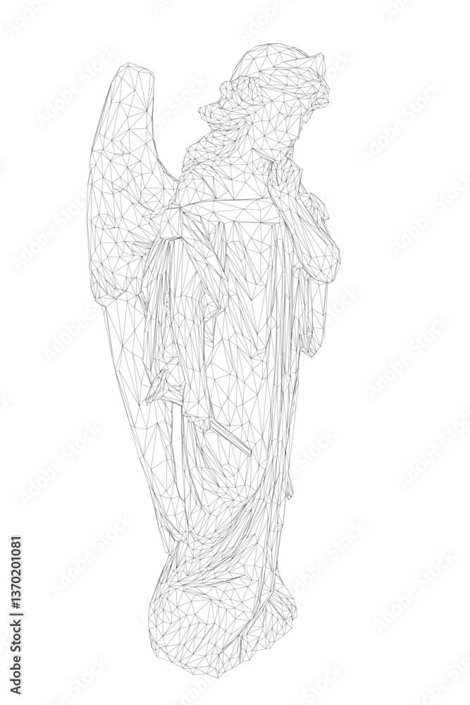 Fototapeta premium A statue of an angel is shown in a black and white photo. The angel is standing with its wings spread out, and it is a statue of a woman. The image has a serene and peaceful mood