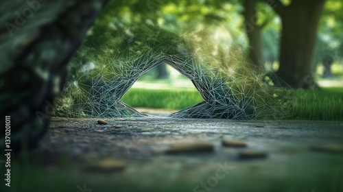 Enchanting Spiderweb Archway in a Lush Green Forest Mystical Nature Scene