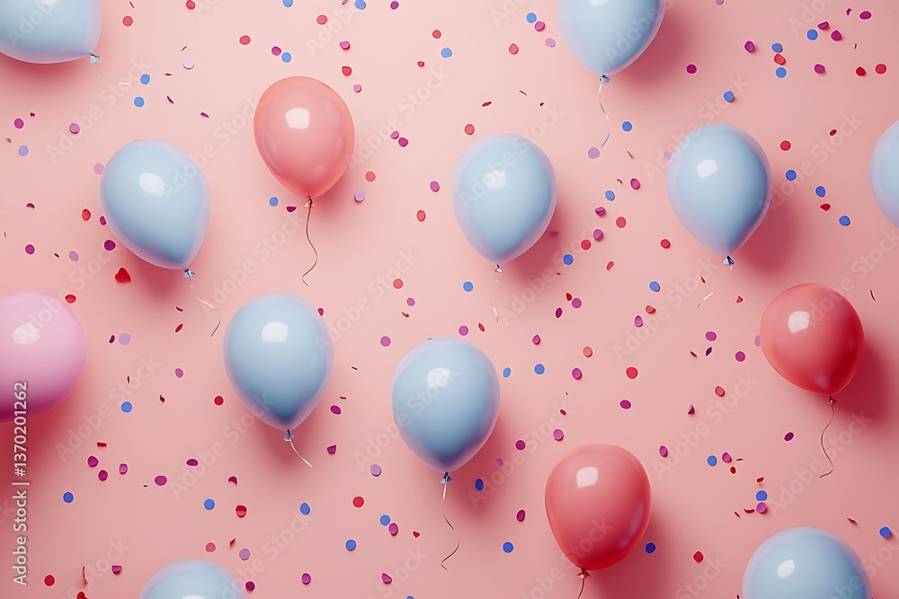 Pastel Balloons and Confetti on Pink Background for Birthday Party Celebration Design Pastel Balloons and Confetti on Pink Background for Birthday Party Celebration Design