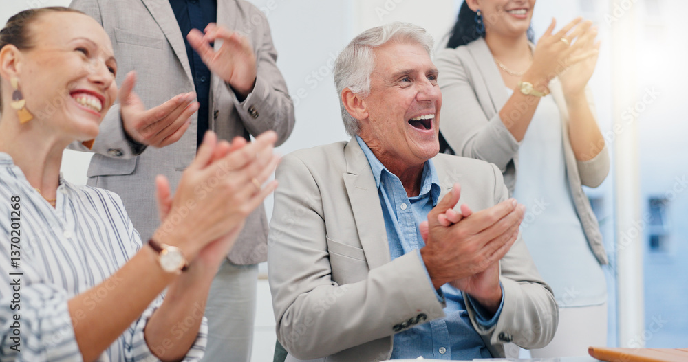 Obraz premium Victory, applause and business people in office for meeting with success, achievement and celebrate. Corporate, professional and men and women clapping hands for good news, agreement and feedback