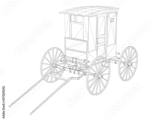 A black and white drawing of a wagon with a horse pulling it. The wagon is old and has a wooden frame