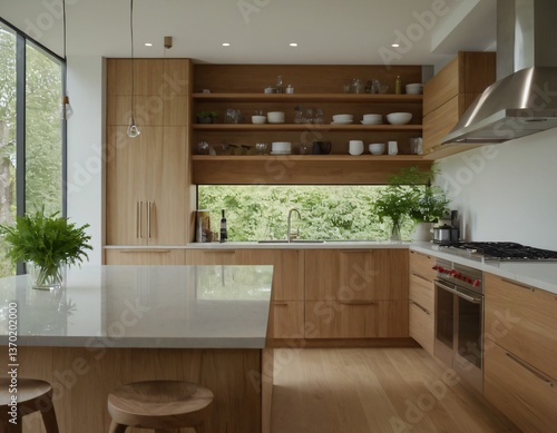 Modern minimalist kitchen with sleek cabinetry, marble countertops, and stainless steel appliances, featuring natural light streaming through large windows, showcasing open shelving with stylish decor