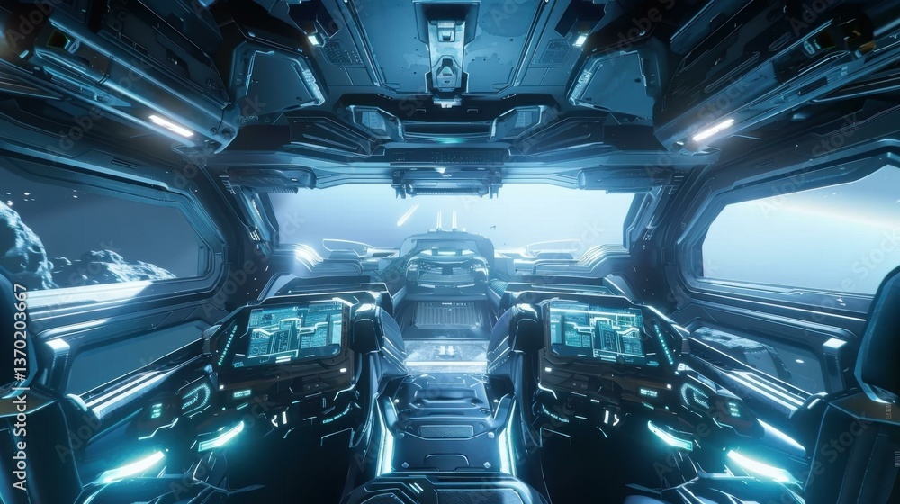 © Chinases - Futuristic spaceship cockpit view with intricate console displays and exterior space vistas, showcasing advanced technology and ex