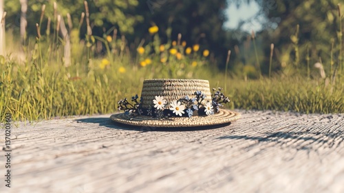 Straw Boater Hat Adorned with Daisies and Forget Me Nots Resting on Wooden Surface in a Sunny Field