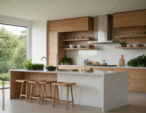 Modern minimalist kitchen with sleek cabinetry, marble countertops, and stainless steel appliances, featuring natural light streaming through large windows, showcasing open shelving with stylish decor