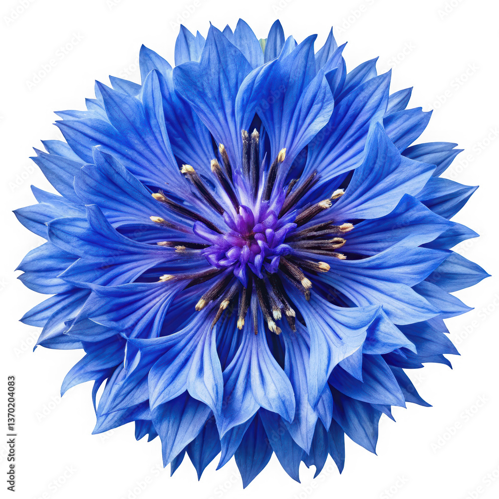 Obraz premium Vibrant blue cornflower in full bloom, showcasing intricate layers of petals and striking purple centers, exuding freshness and natural beauty.