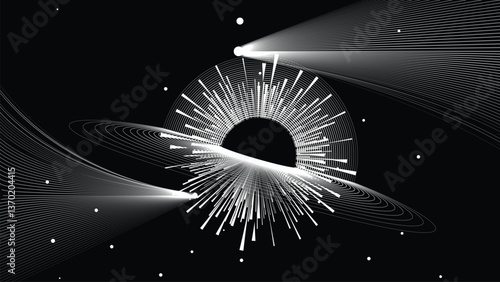 Black hole with disc of plasma eating dying star in space. Supermassive singularity in core off a galaxy, with lines . Event horizon .Vector illustration