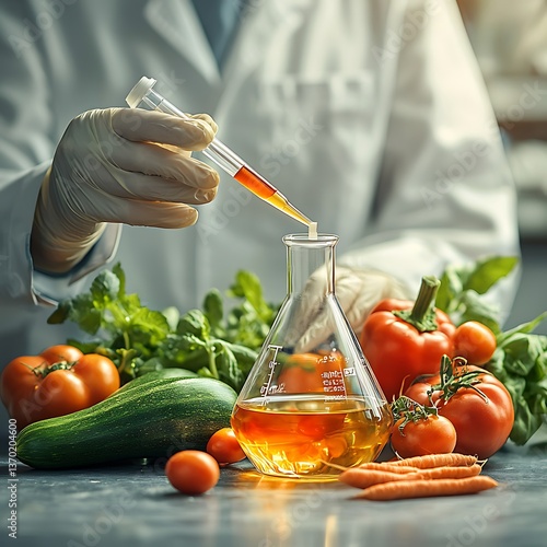 Scientist testing food for lab, healthy produce.