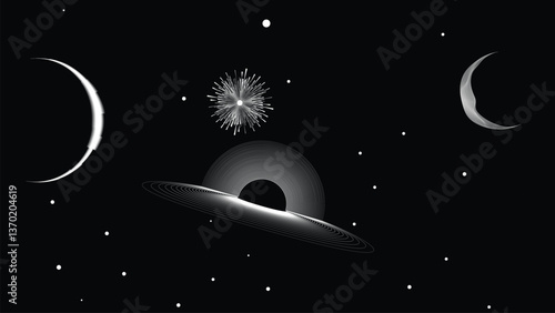 Black hole with disc of plasma eating dying star in space. Supermassive singularity in core off a galaxy, with lines . Event horizon .Vector illustration