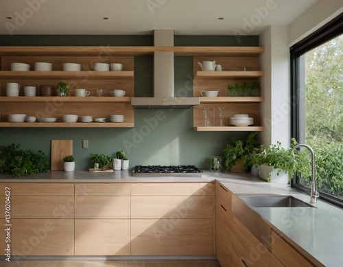 Modern minimalist kitchen with sleek cabinetry, marble countertops, and stainless steel appliances, featuring natural light streaming through large windows, showcasing open shelving with stylish decor