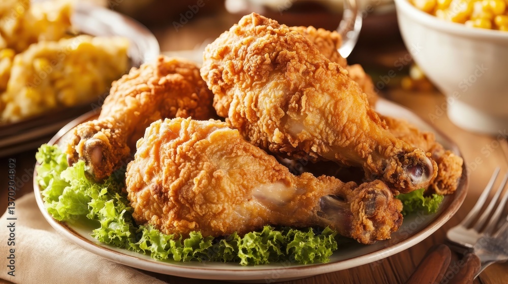 Crispy Fried Chicken Drumsticks Served on Fresh Lettuce with Side Dishes in a Rustic Setting for Delicious Comfort Food Experience Crispy Fried Chicken Drumsticks Served on Fresh Lettuce with Side Dishes in a Rustic Setting for Delicious Comfort Food Experience