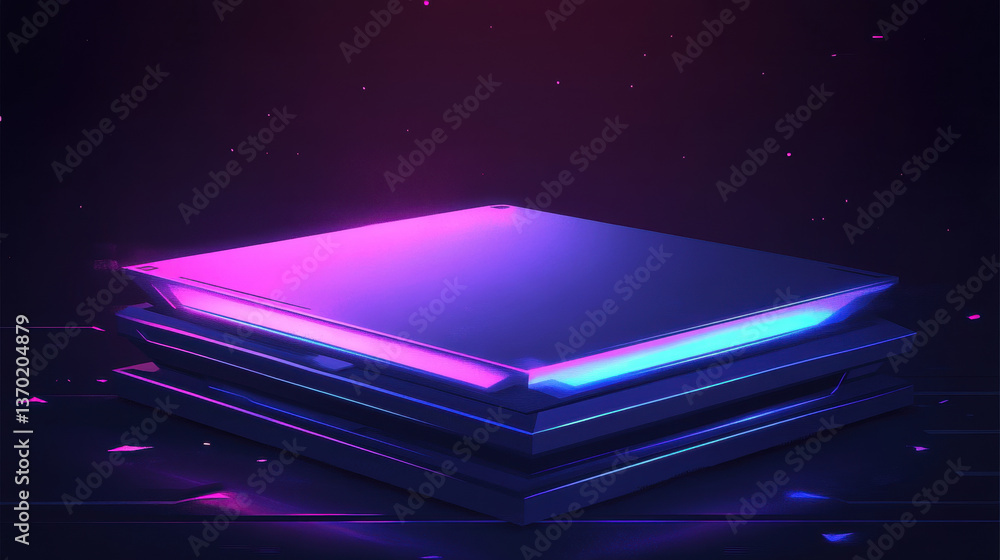 A futuristic, neon-lit rectangular object with a glowing edge in a dark environment A futuristic, neon-lit rectangular object with a glowing edge in a dark environment