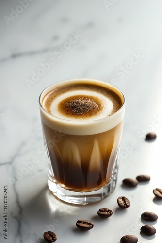 Refreshing Coffee Drink with Cream and Coffee Beans on Marble Surface