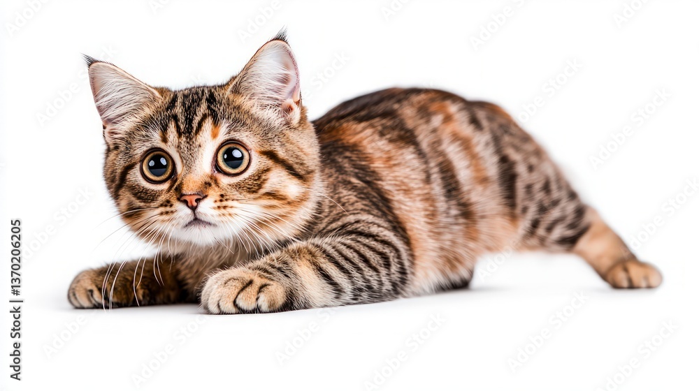 Fototapeta premium Adorable Tabby Kitten Lying Down on White Background Playful Cute Pet