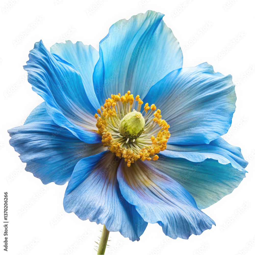 Obraz premium A stunning blue Himalayan poppy flower in full bloom, showcasing delicate petals with shades of blue and golden stamens, set against a clean black background.