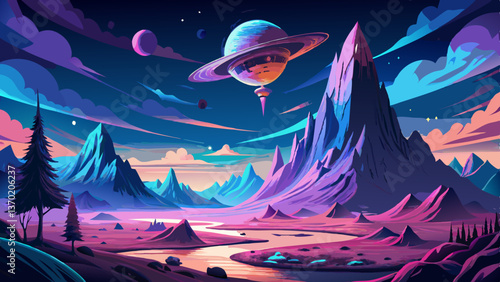 Stunning Night extraterrestrial scene. Huge mountains against Starry sky. Fantasy landscape. Alien planet. Photorealistic Generative AI illustration.