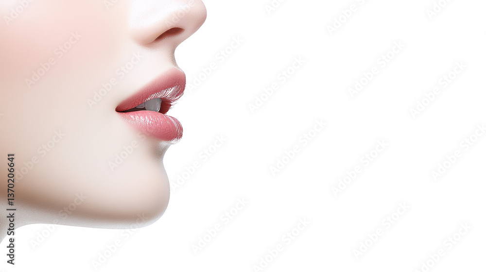 Obraz premium Striking pink lipstick portrait, a woman's beauty in the shadows portrait