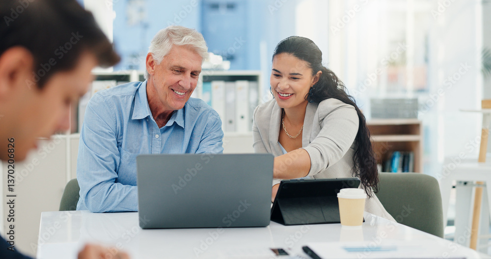 Teamwork, mentor and laptop with business people in meeting for agenda notes, review and feedback. Advisor, planning and intern with employee in office for training workshop and project management Teamwork, mentor and laptop with business people in meeting for agenda notes, review and feedback. Advisor, planning and intern with employee in office for training workshop and project management