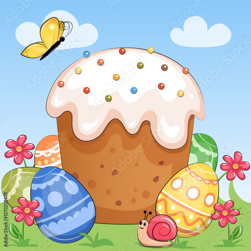 Cute cartoon Easter bread with Easter eggs with flowers, butterfly and snail. Holiday vector illustration of traditional food on a blue background.