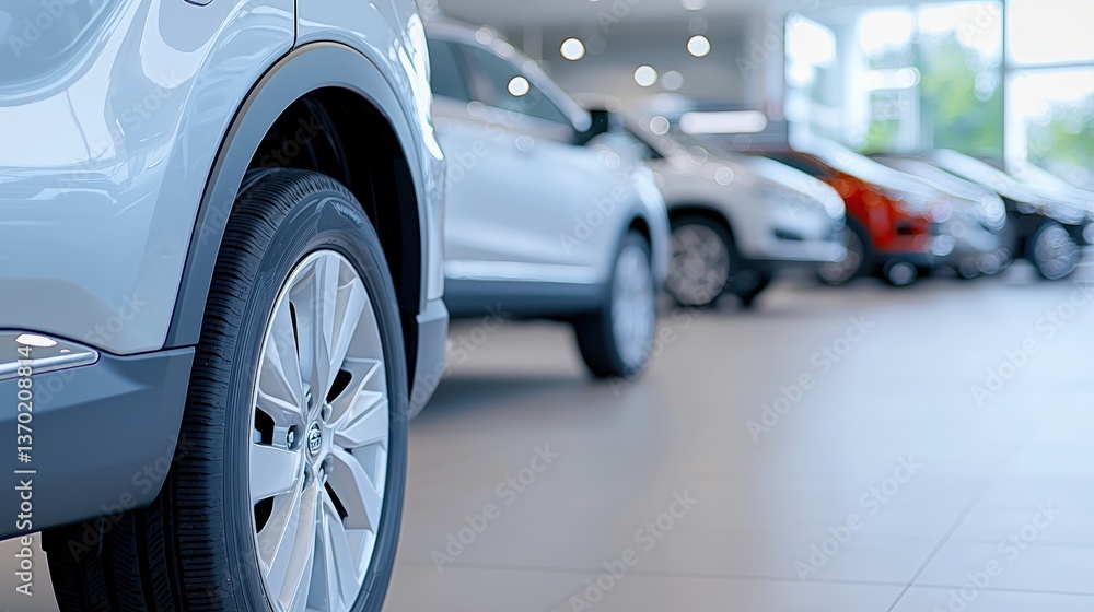 A close-up view of a car's wheel in a modern showroom with various vehicles displayed in the background, highlighting a sleek automotive environment. A close-up view of a car's wheel in a modern showroom with various vehicles displayed in the background, highlighting a sleek automotive environment.
