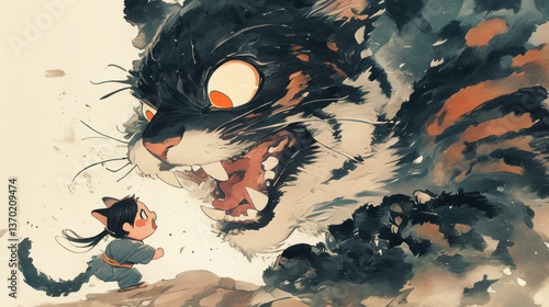 A young character facing a large, fierce tiger in an intense confrontation