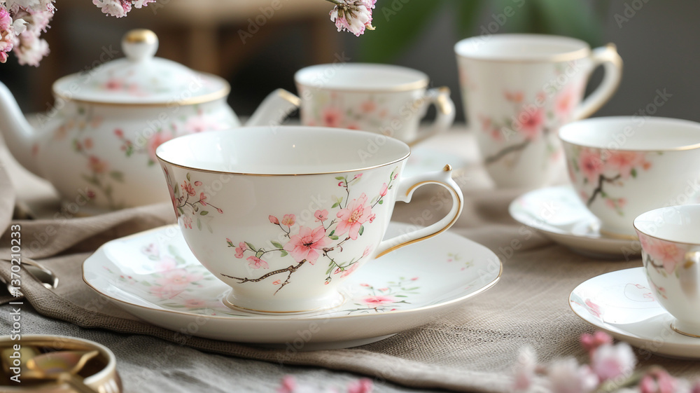 A set of elegant porcelain teacups adorned with delicate floral patterns. A set of elegant porcelain teacups adorned with delicate floral patterns.